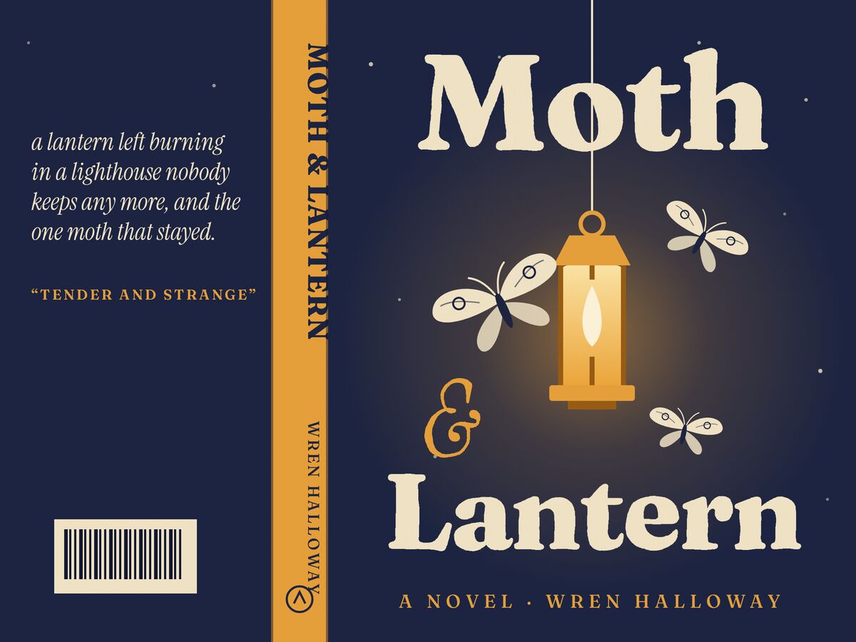 A book jacket, laid flat: a lantern glowing on deep blue with moths around it, the title Moth & Lantern lettered in cream