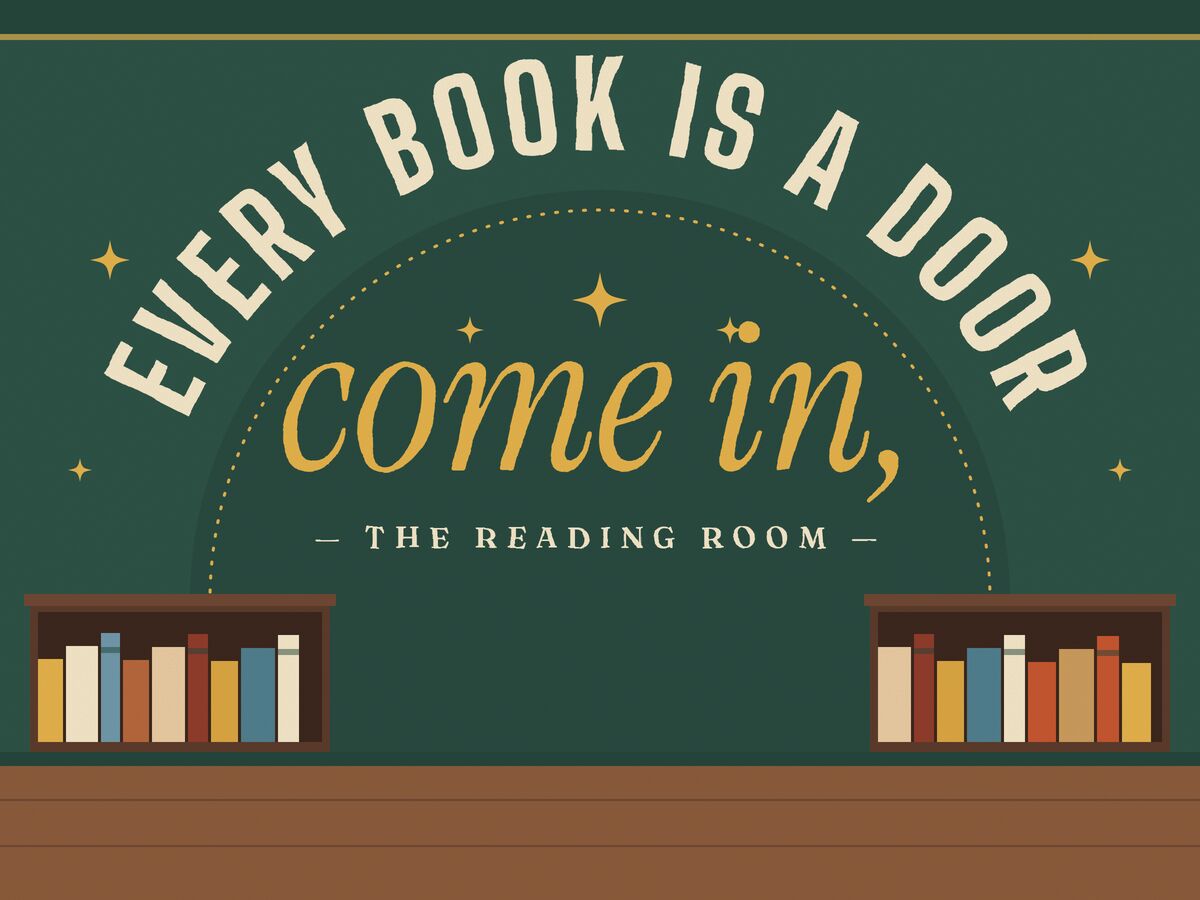 A deep green library wall lettered by hand: EVERY BOOK IS A DOOR arched in cream over a gold come in, low bookshelves beneath